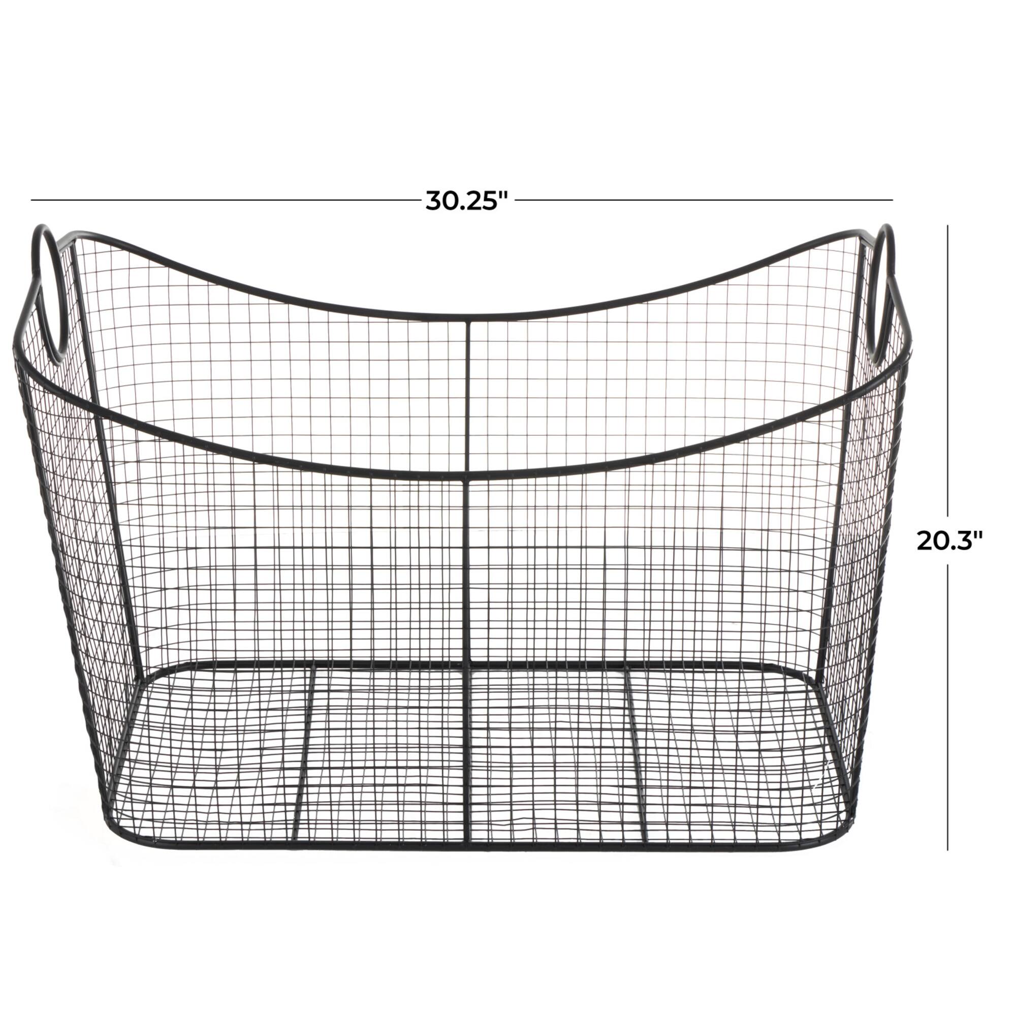 30.25" Black Metal Open Frame Wire Grid Storage Basket with Curved Sides & Ring Handles